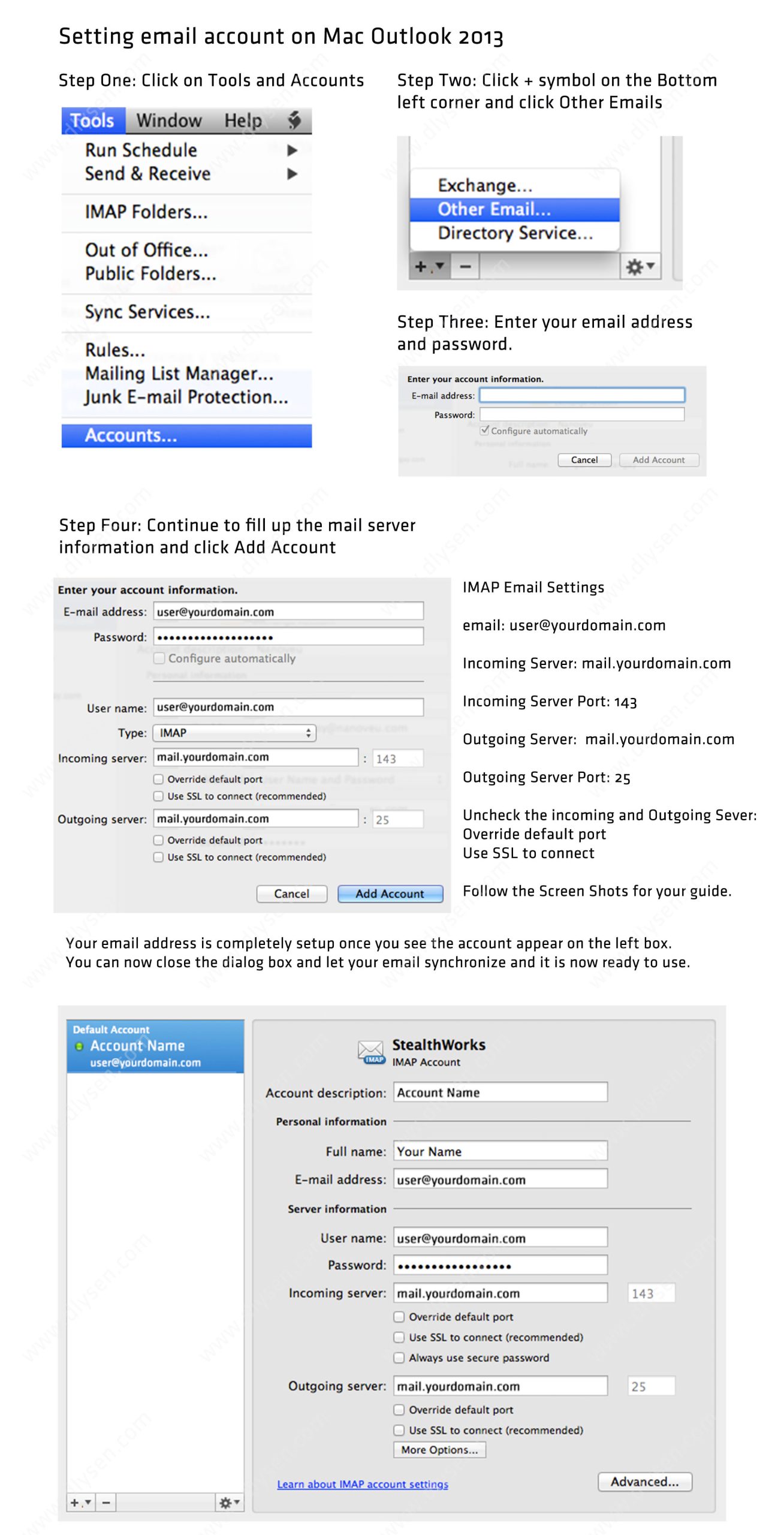 How to add email account on Mac Outlook 2013 for Non-Secure Connection?